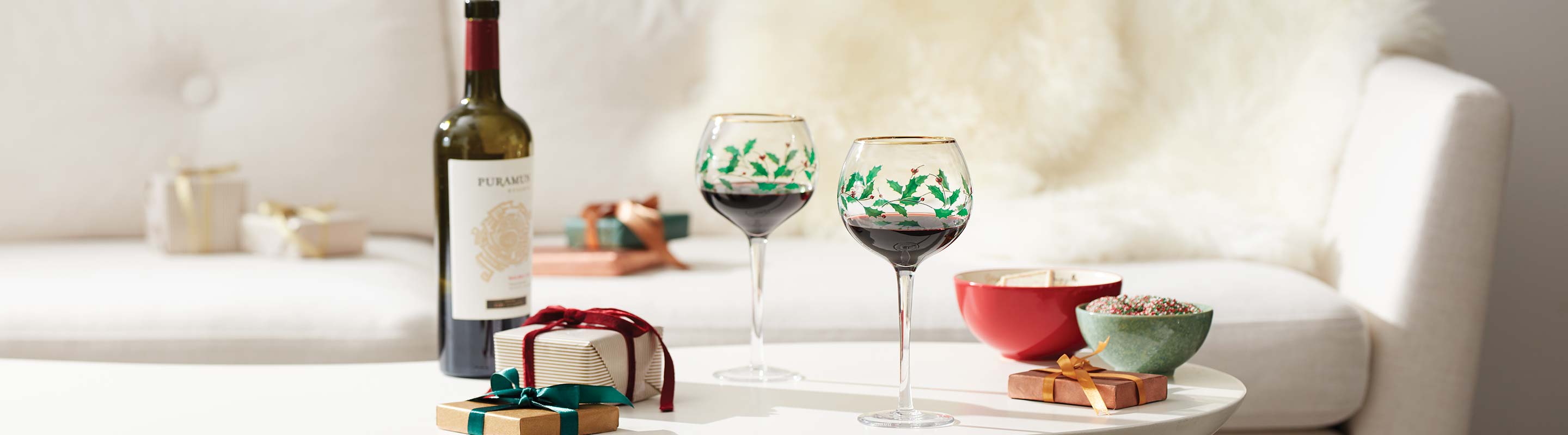 Holiday Wine Glasses with wine, and Holiday Luna