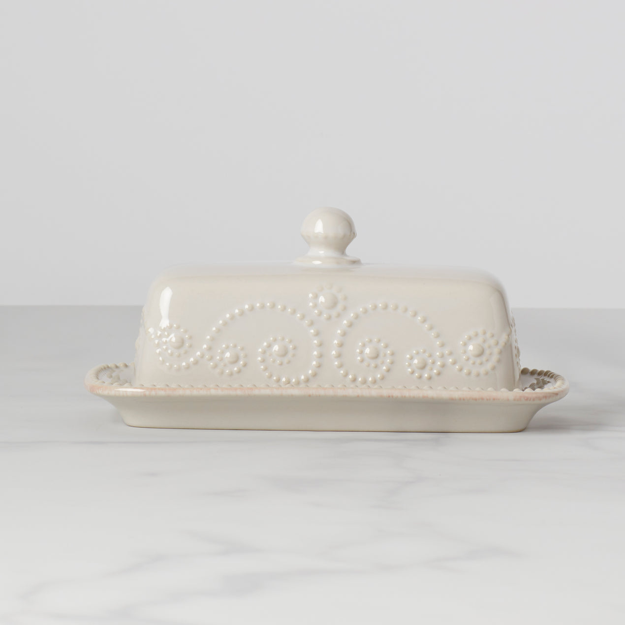 French Perle White Covered Butter Dish