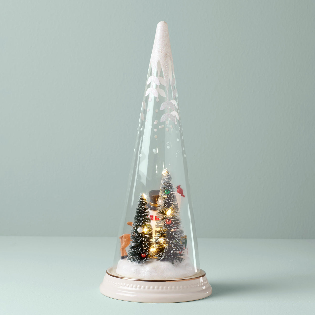 Lit Christmas Cone with North Pole Snowman Scene