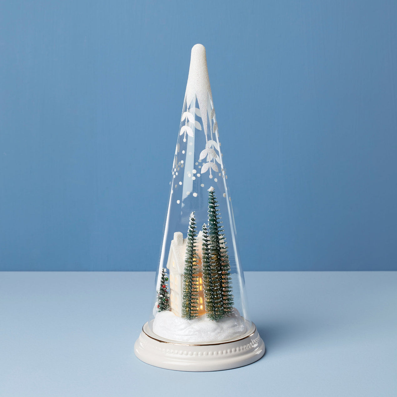 Lit Christmas Cone With Farmhouse Scene