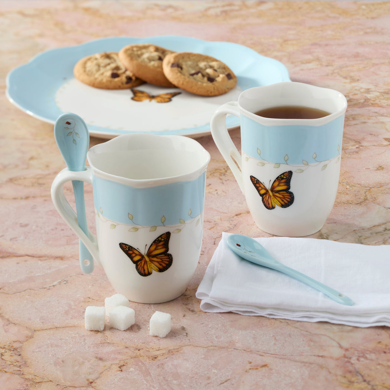 Butterfly Meadow Color Mugs with Spoons, Set of 2, Blue