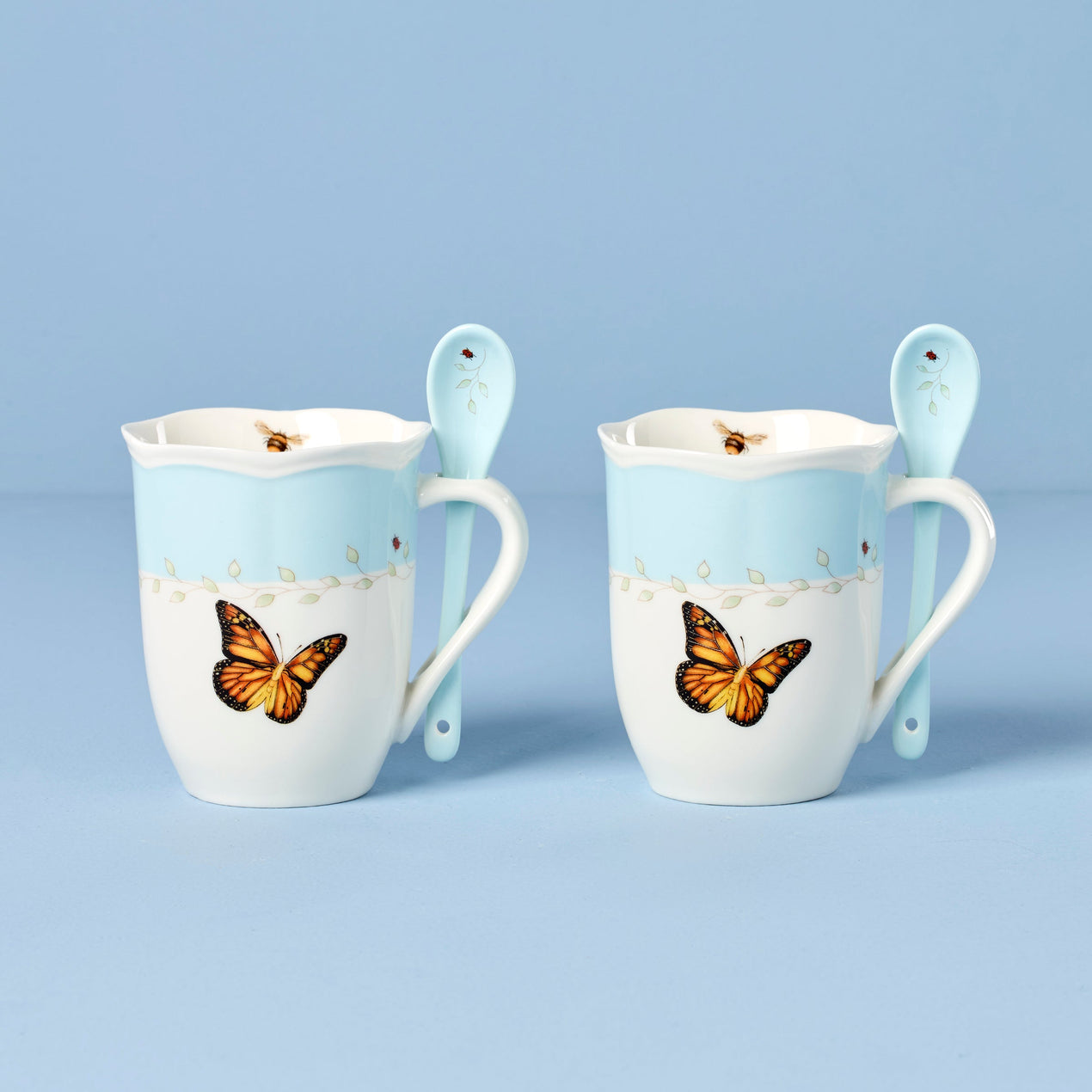 Butterfly Meadow Color Mugs with Spoons, Set of 2, Blue
