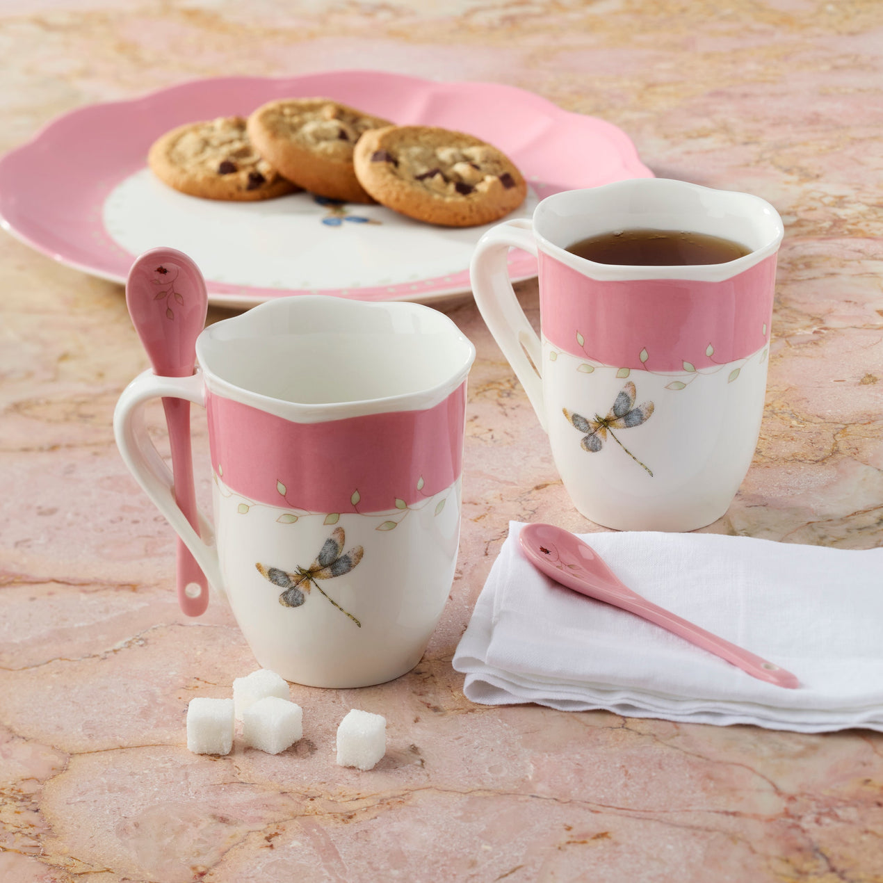 Butterfly Meadow Color Mugs with Spoons, Set of 2, Pink