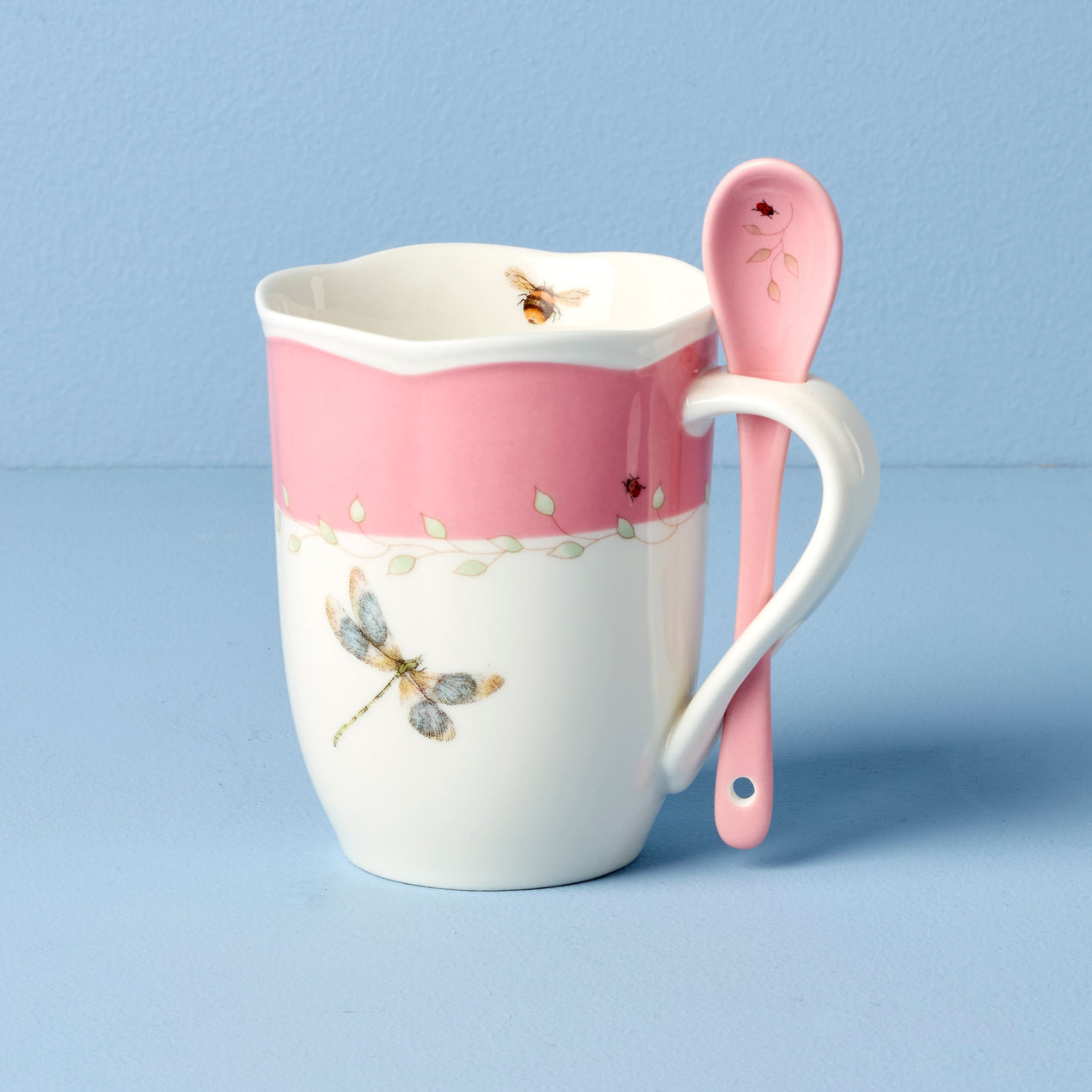 Butterfly Meadow Color Mugs with Spoons, Set of 2, Pink