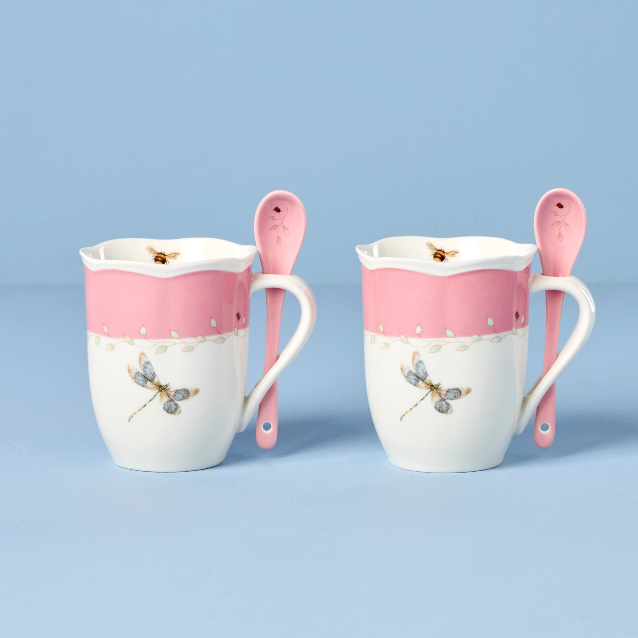 Butterfly Meadow Color Mugs with Spoons, Set of 2, Pink
