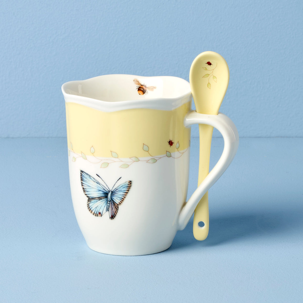 Butterfly Meadow Color Mugs with Spoons, Set of 2, Yellow