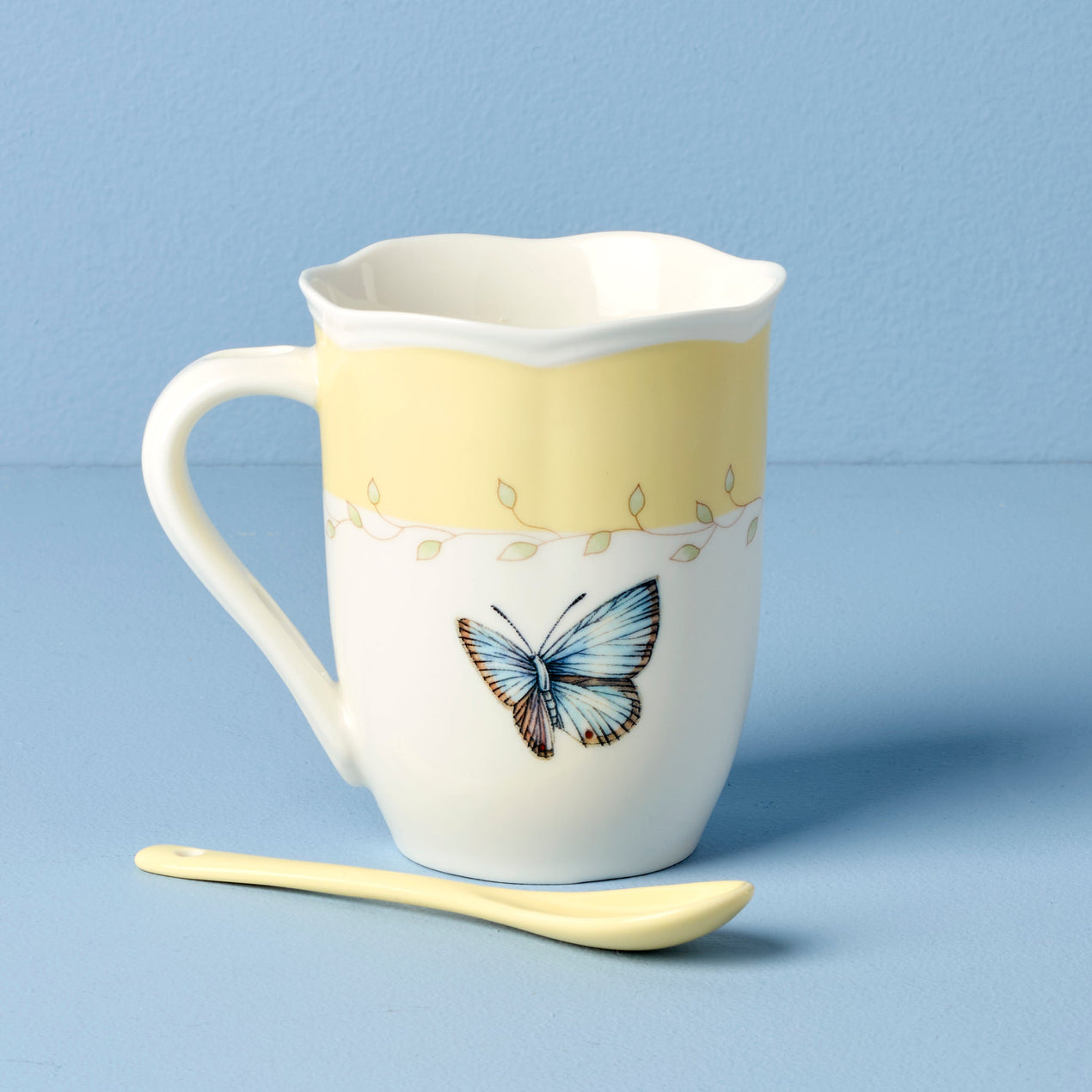 Butterfly Meadow Color Mugs with Spoons, Set of 2, Yellow