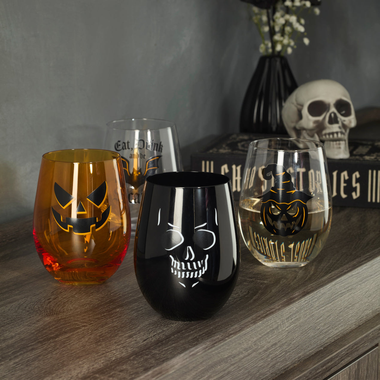 Vintro Halloween Stemless Wine Glasses, Set of 4