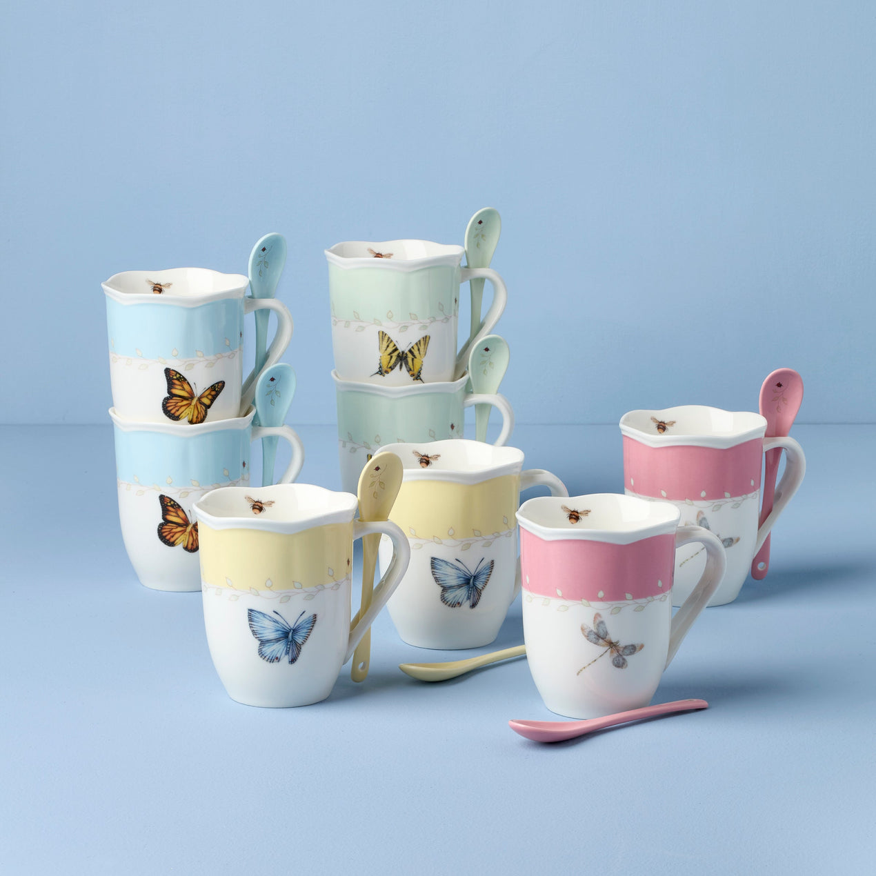 Butterfly Meadow Color Mug with Spoon, Set of 8