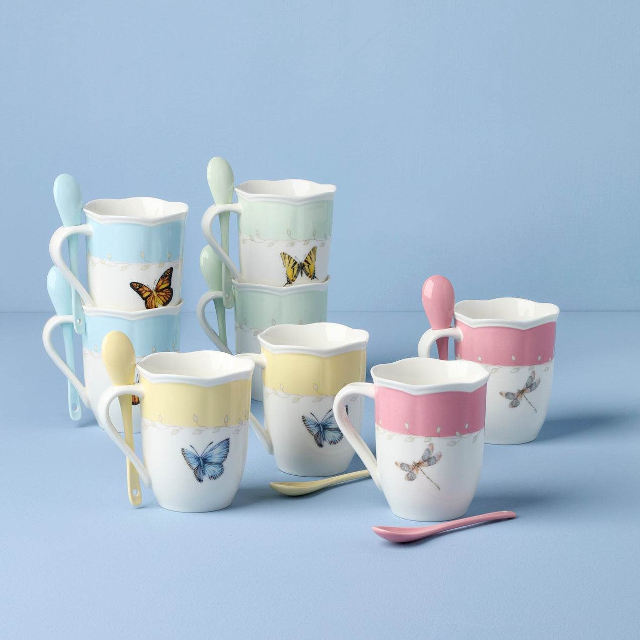 Butterfly Meadow Color Mug with Spoon, Set of 8