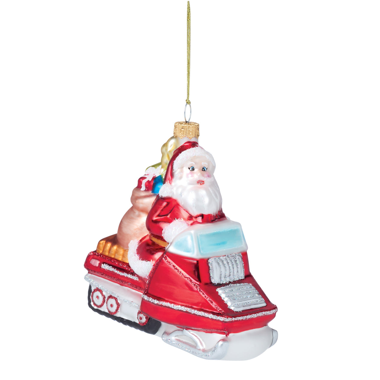 Blown Glass Santa On Snowmobile Ornament