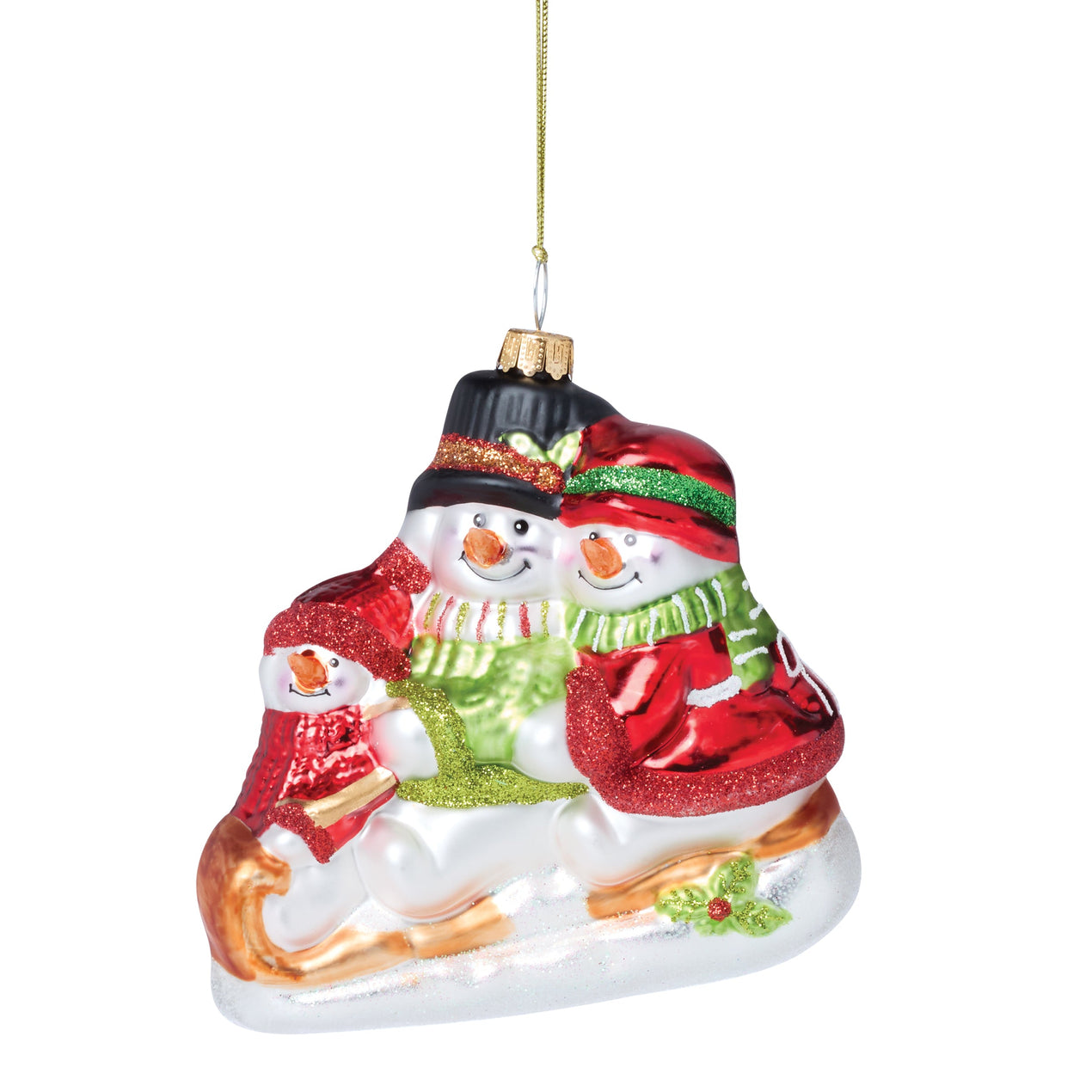 Blown Glass Snowmen On Sled Ornament