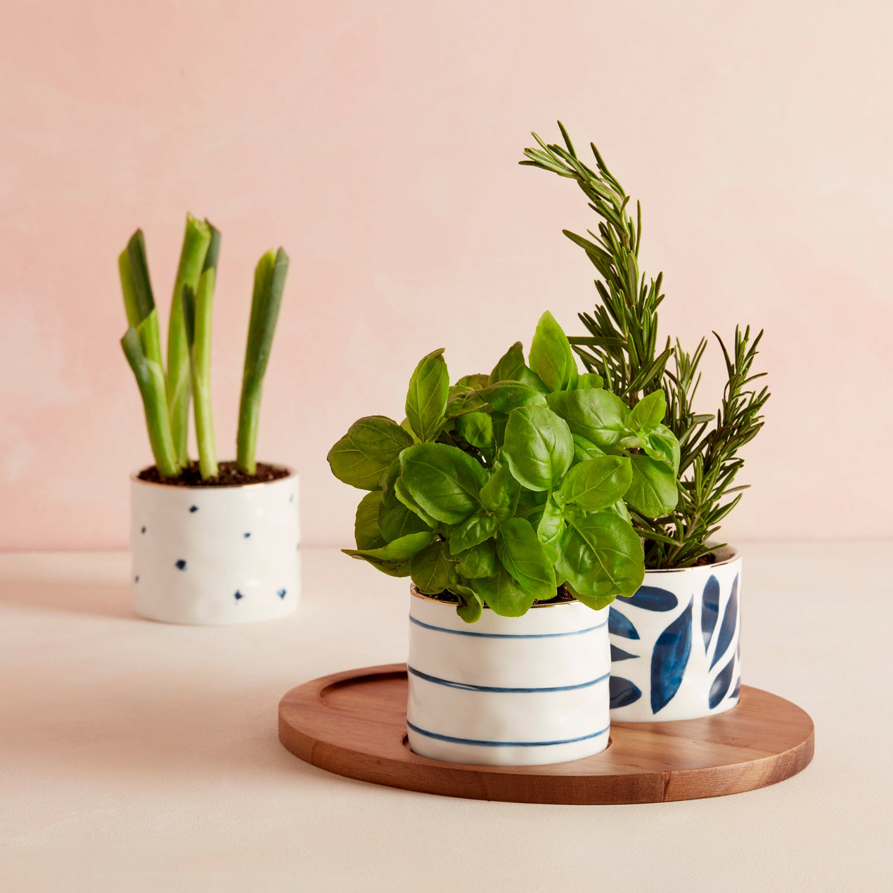 Blue Bay Snack Bowls, Set of 3, With Wood Tray
