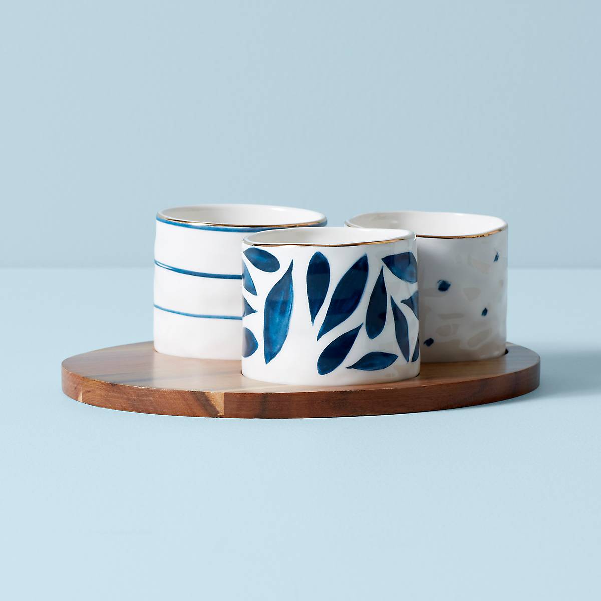 Blue Bay Snack Bowls, Set of 3, With Wood Tray