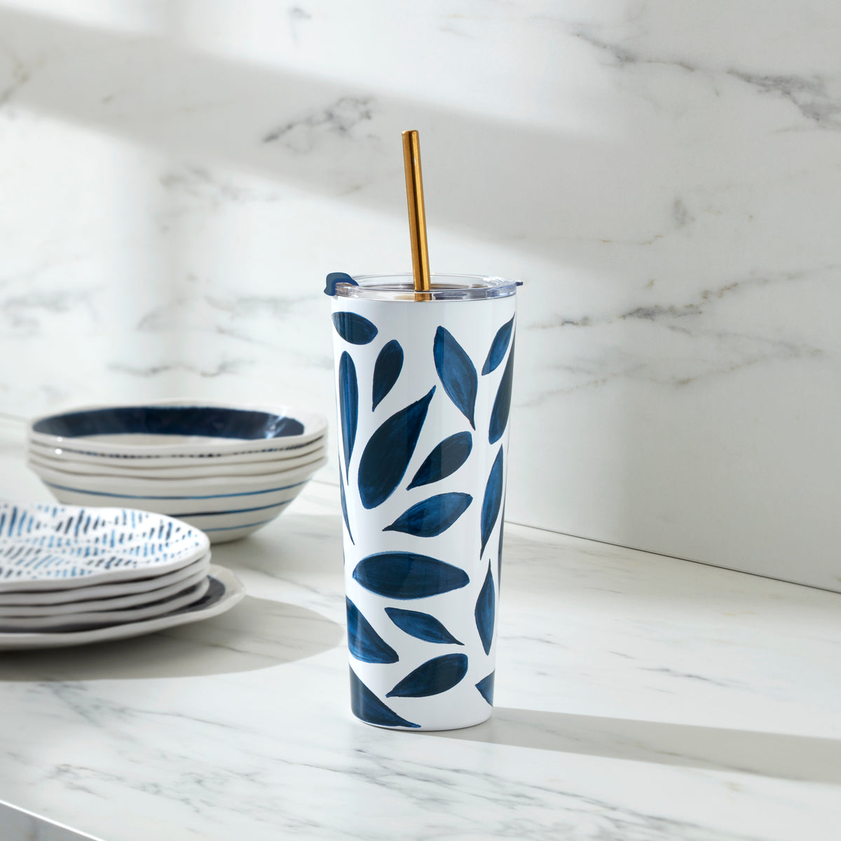 Lenox 895728 Blue Bay Dot Pattern Stainless Steel Tumbler with Straw