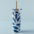 Blue Bay Leaf Pattern Stainless Steel Tumbler With Straw