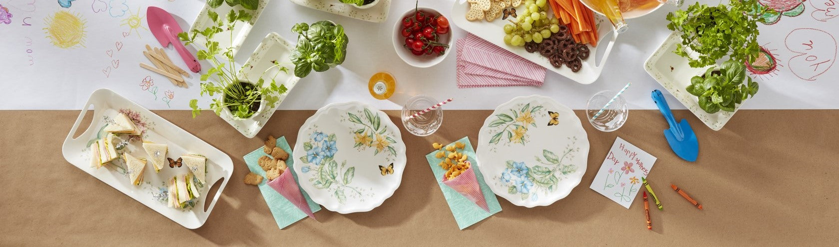 Overhead view of a colorful garden tea party.