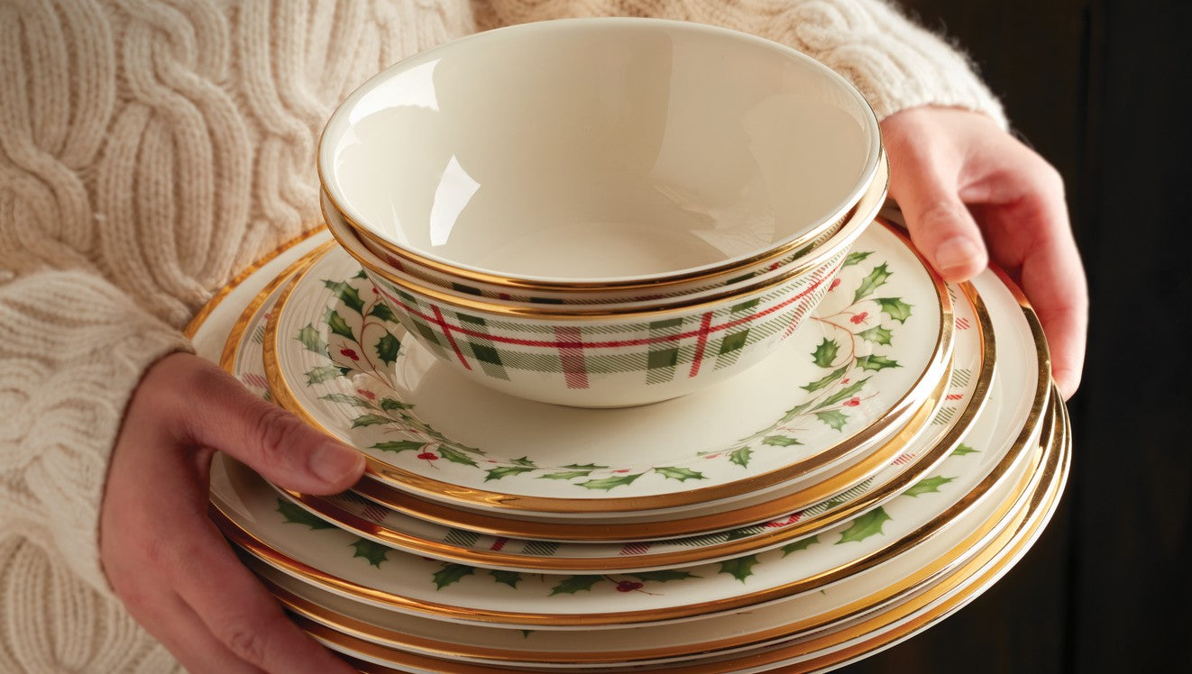 Stacked holiday dinnerware