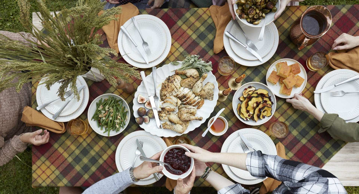 Friends sharing a festive harvest meal
