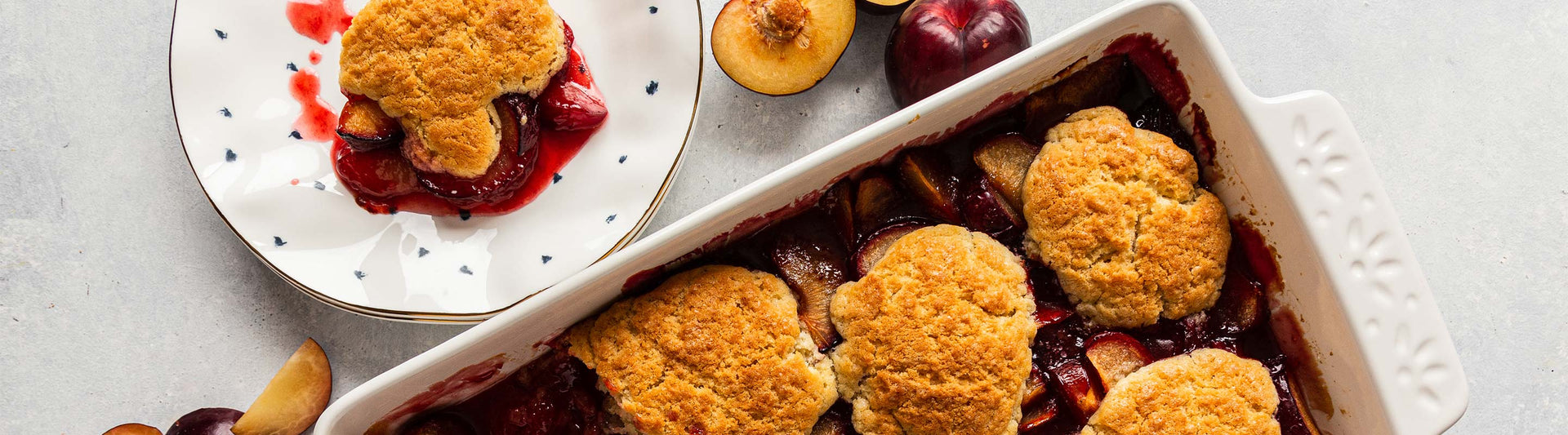Plum Cobbler served on a Lenox Blue Bay plate