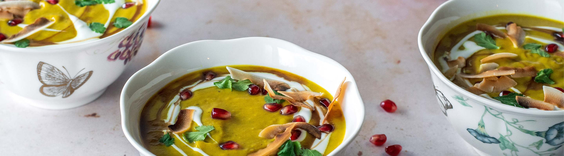 Golden Cauliflower Coconut Soup in Lenox Butterfly Meadow Soup Bowls