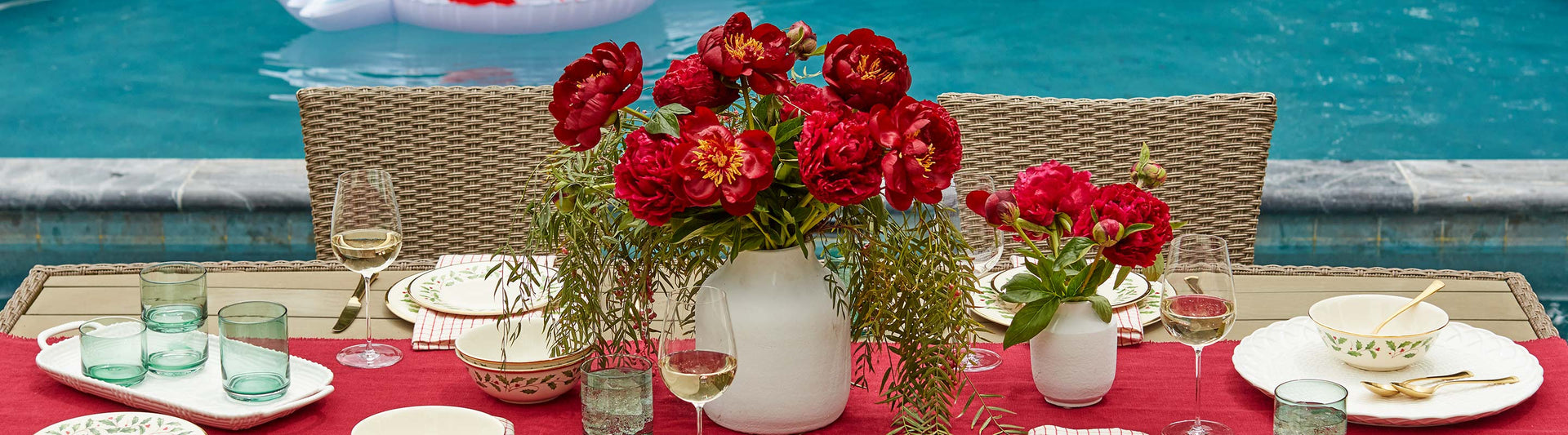 Holiday Melamine Dinnerware Table set by the pool