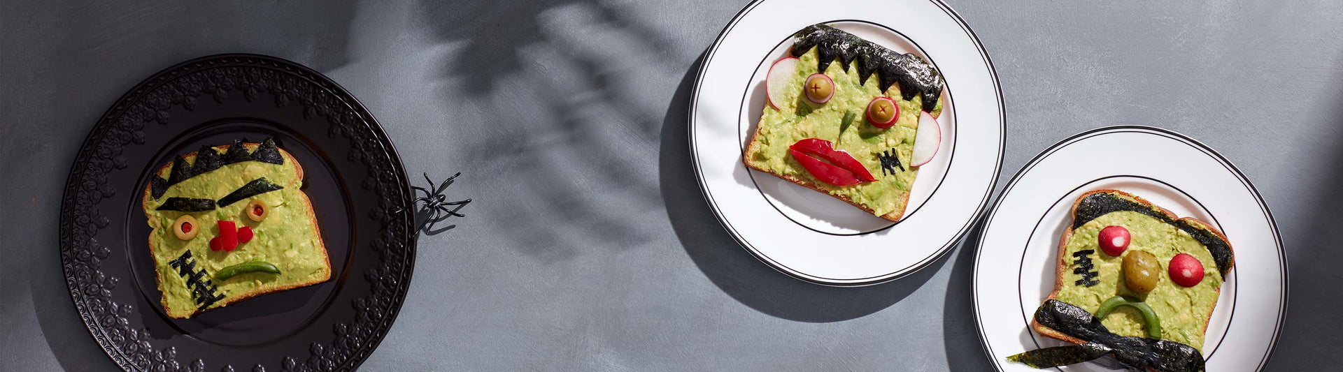 Halloween Accent plates with monster avocado toast