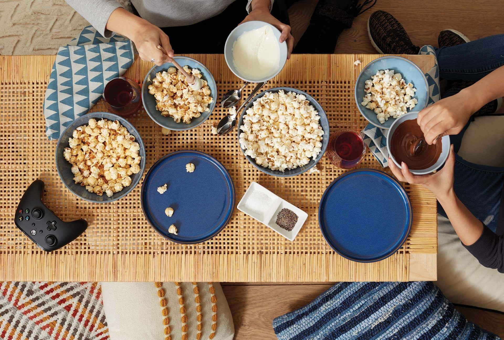 Popcorn served in Lenox Luna blue bowls