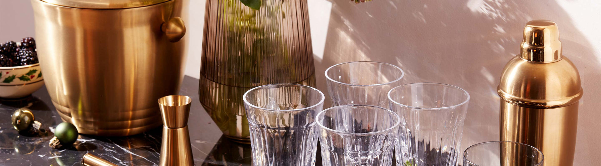Bar set with Tuscany Gold Shaker & Ice Bucket, and French Perle Glasses