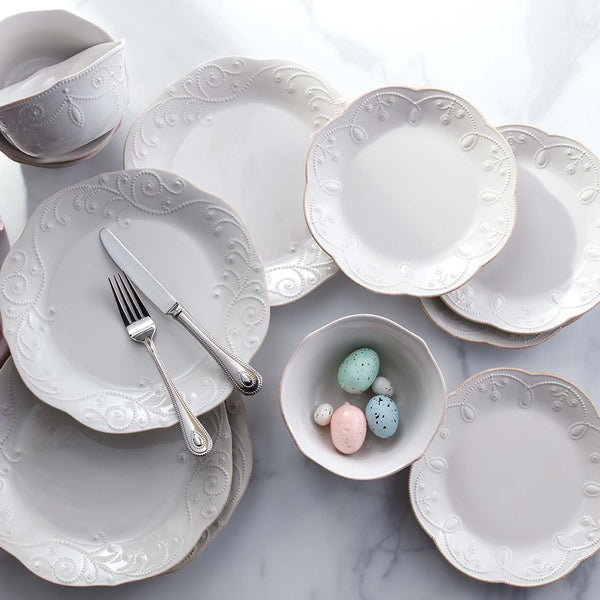 overhead shot of french perle classic dinnerware collection