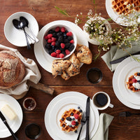 Tablescape with breakfast foods on Tin Can Alley white dinnerware