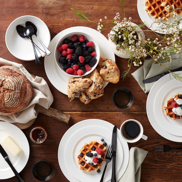 Tablescape with breakfast foods on Tin Can Alley white dinnerware
