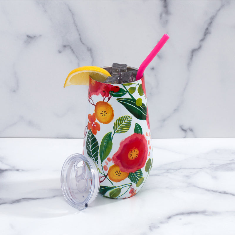 16 oz Floral Wine Tumblers With Straws, Set Of 12