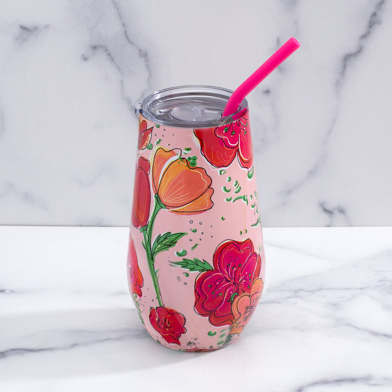 16 oz Floral Wine Tumblers With Straws, Set Of 12