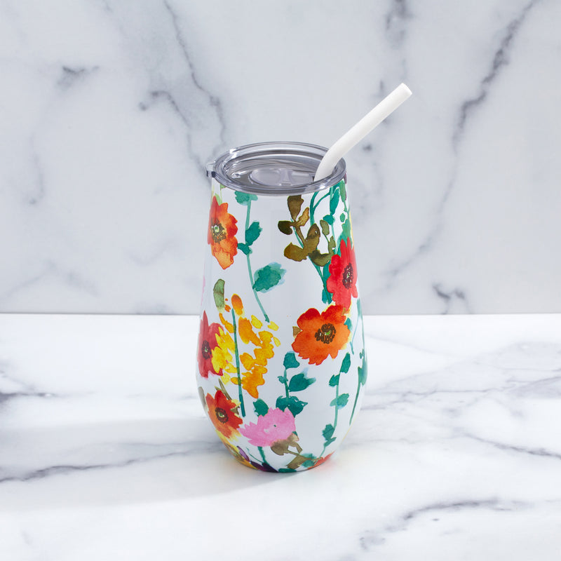 16 oz Floral Wine Tumblers With Straws, Set Of 12