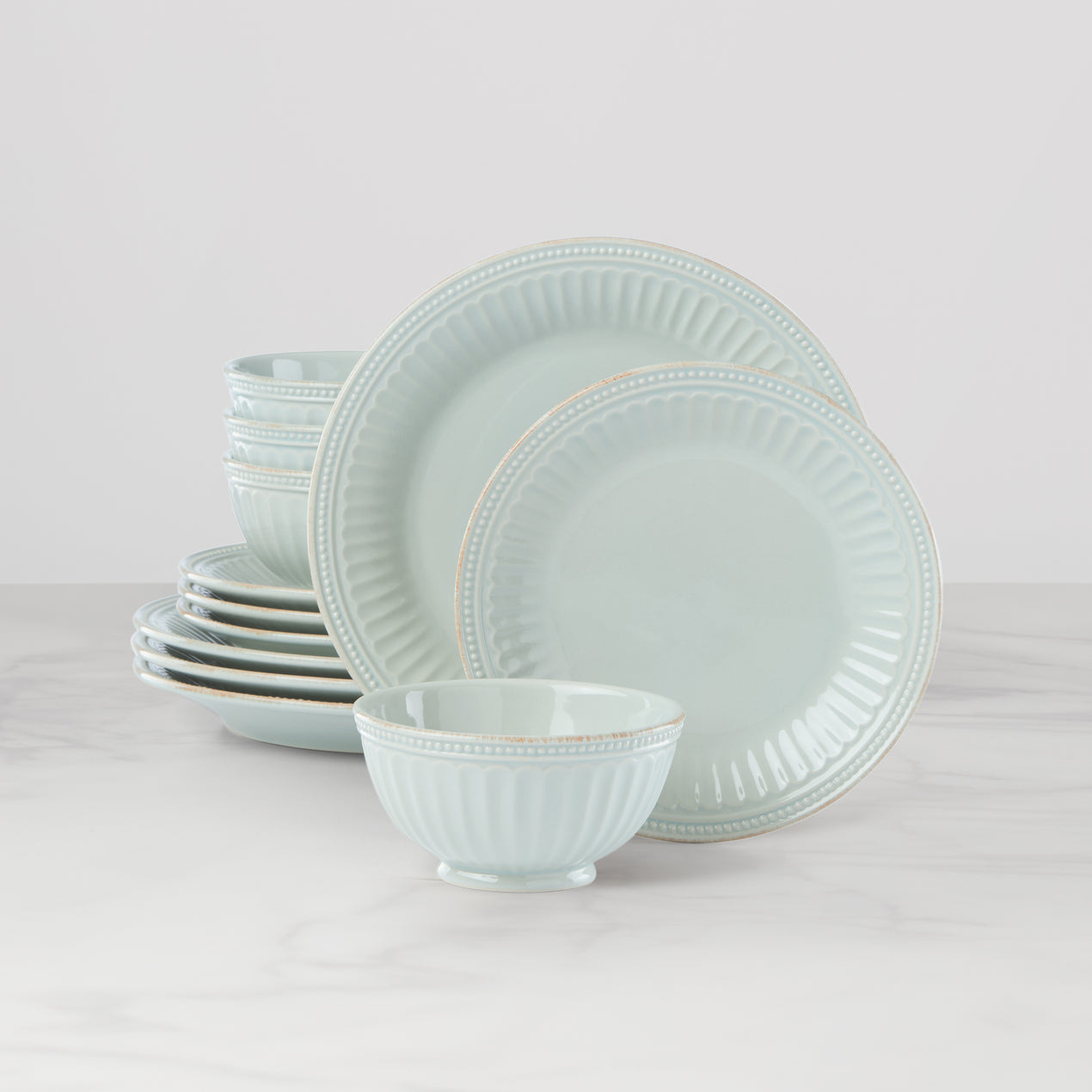 French Perle Groove Ice Blue 12-Piece Plate & Bowl Dinnerware Set