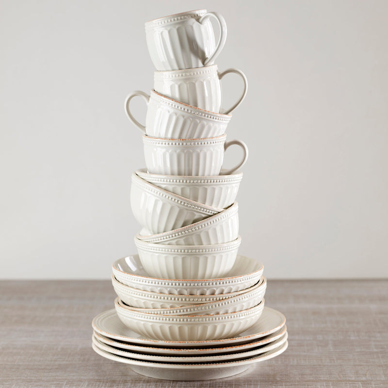 French Perle Groove White 12-Piece Pasta Bowl Dinnerware Set