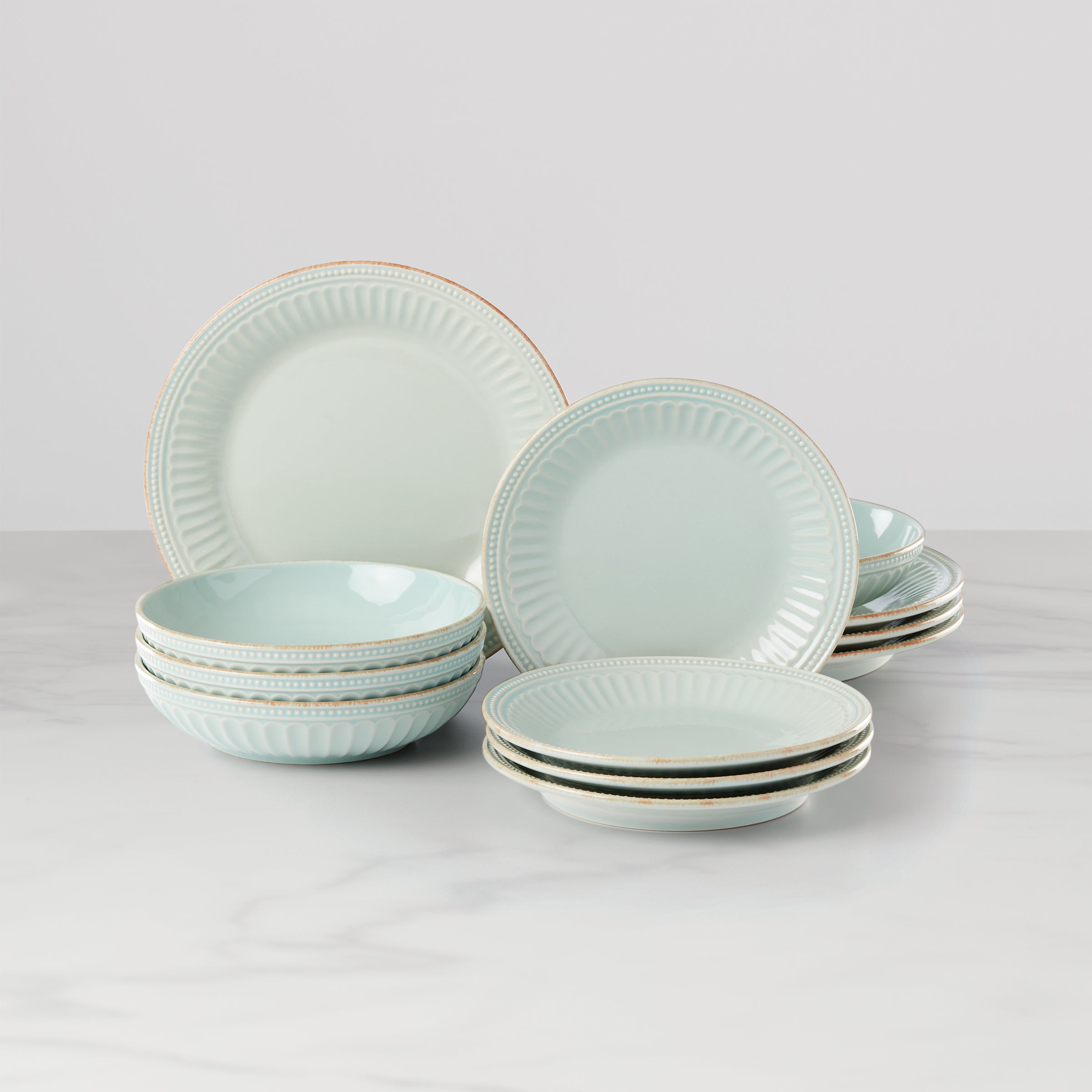 French Perle Groove Ice Blue 12-Piece Dinnerware Set – Lenox