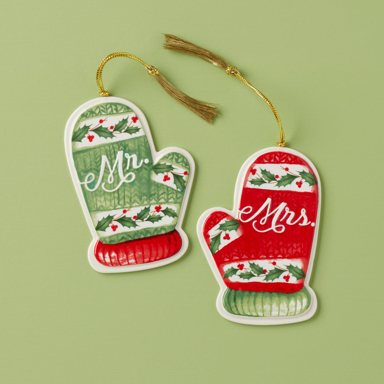 cambridge silversmiths Mr. & Mrs. Mitten Ornaments Set of 2