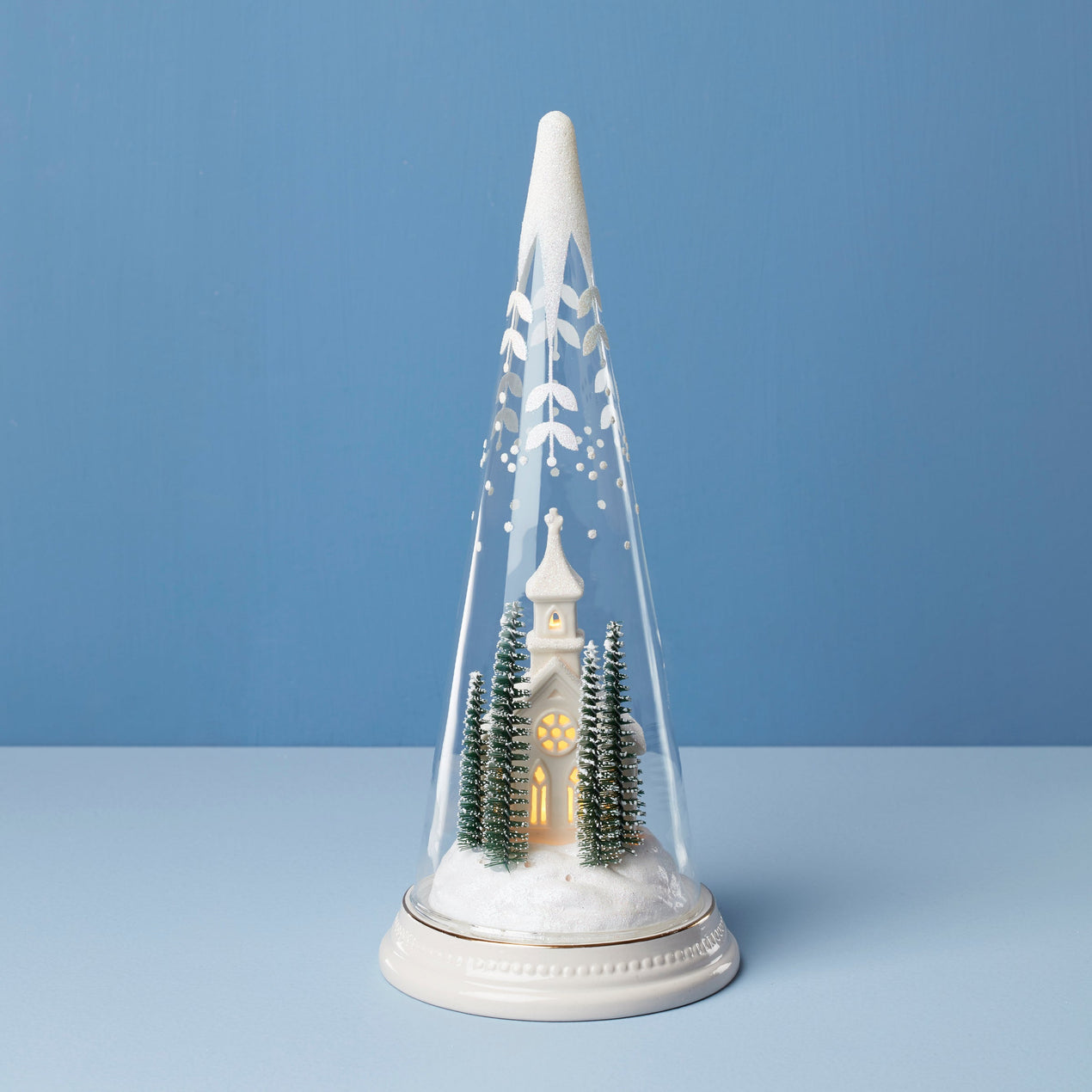 Lit Christmas Cone With Church Scene