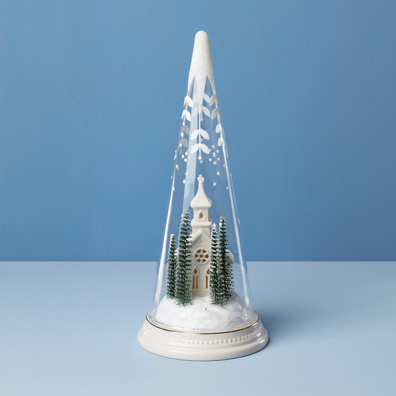 Lit Christmas Cone With Church Scene