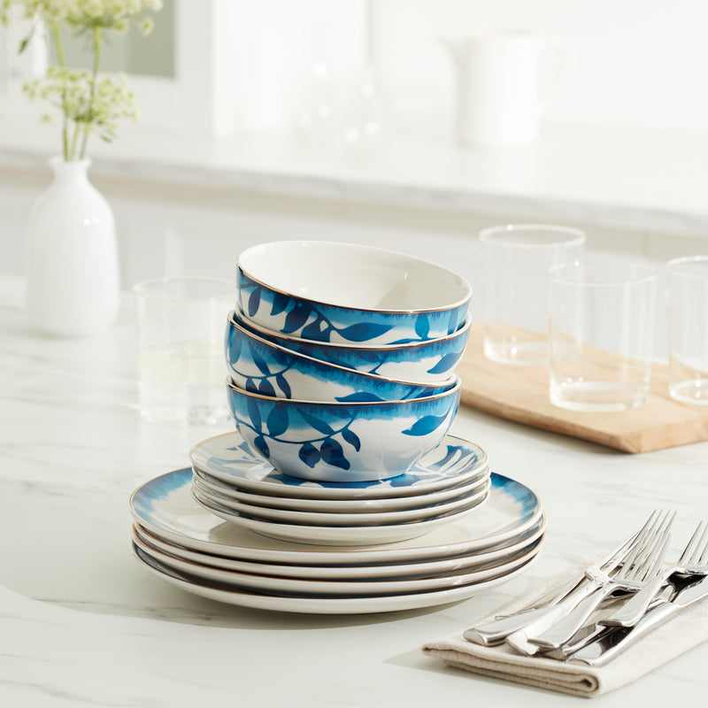 Oneida Entertain 365 12-Piece Aura Blue & White Porcelain Tableware Set (Service for 4)