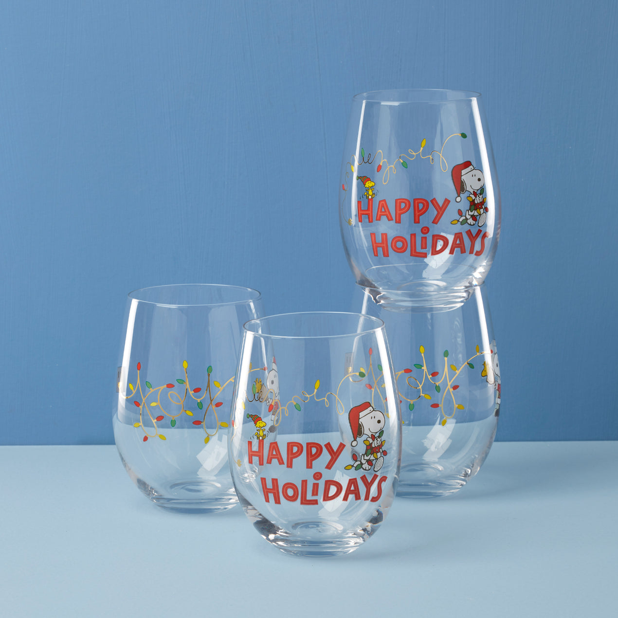 cambridge silversmiths Snoopy Christmas Glass Tumblers Set of 4 Assorted