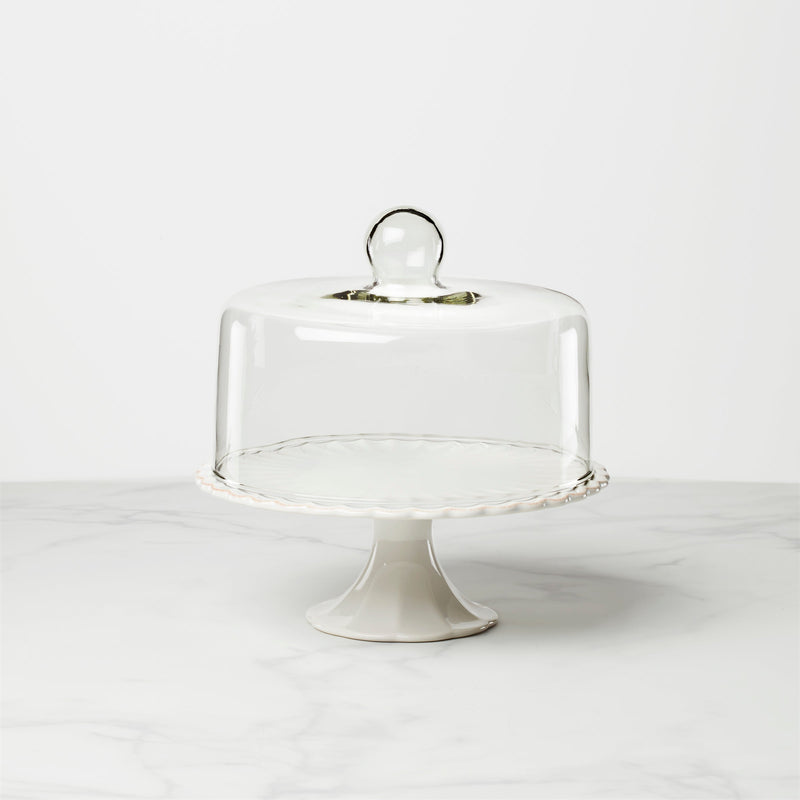 French Perle White Cake Plate with Dome