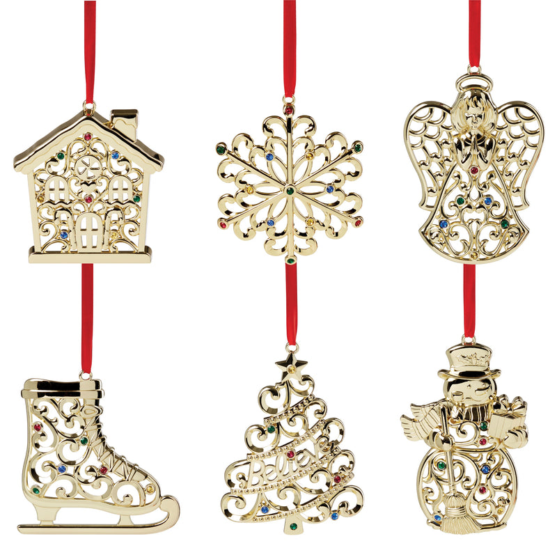 Sparkle & Scroll Multicolor Jeweled Gold Ornaments, Set Of 6