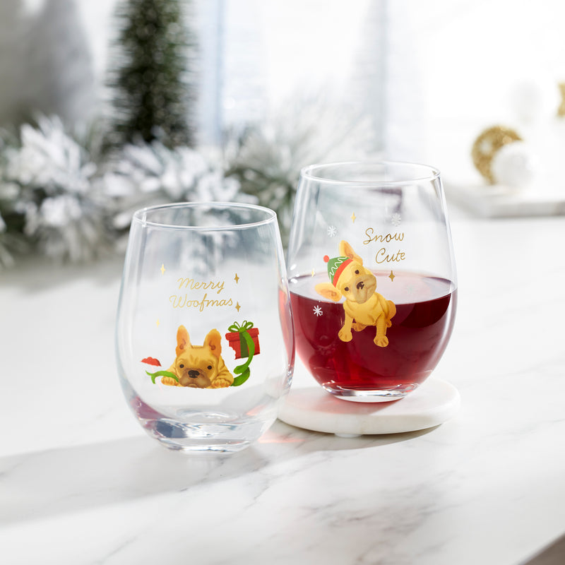 Frenchie Stemless Wine Glasses, Set Of 2
