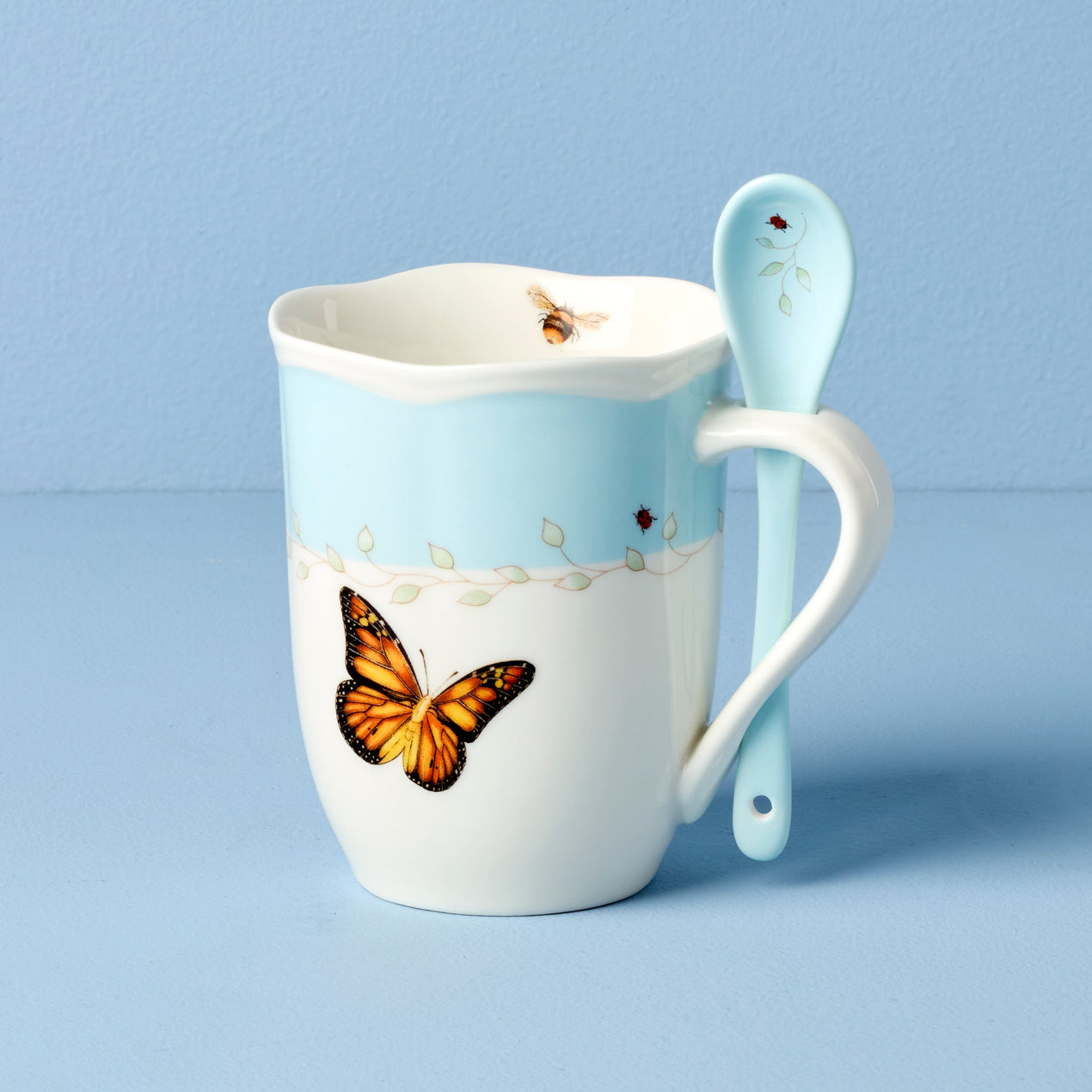 Butterfly Meadow Color Mugs with Spoons, Set of 2, Blue