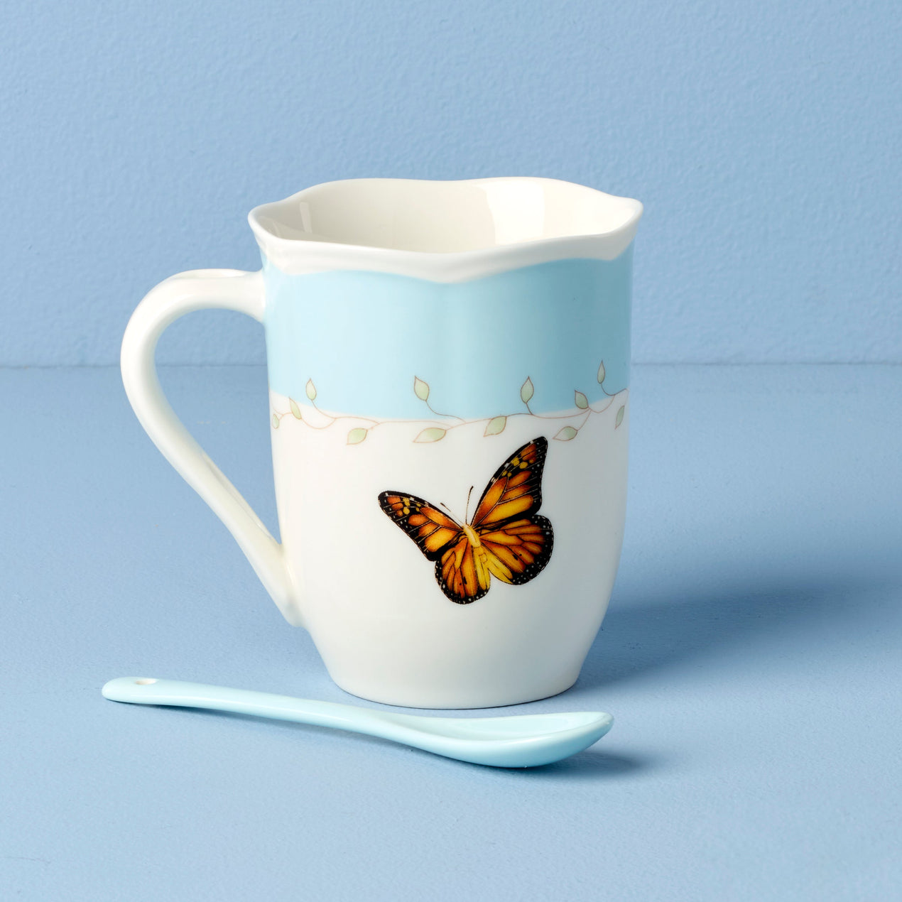 Butterfly Meadow Color Mugs with Spoons, Set of 2, Blue