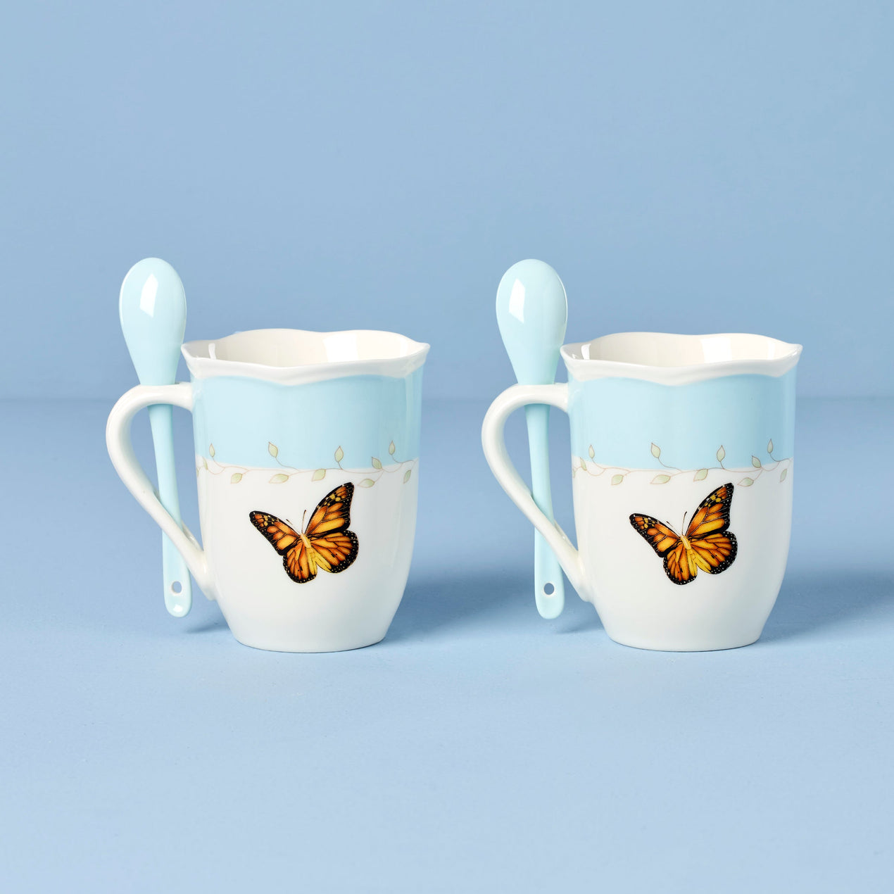 Butterfly Meadow Color Mugs with Spoons, Set of 2, Blue