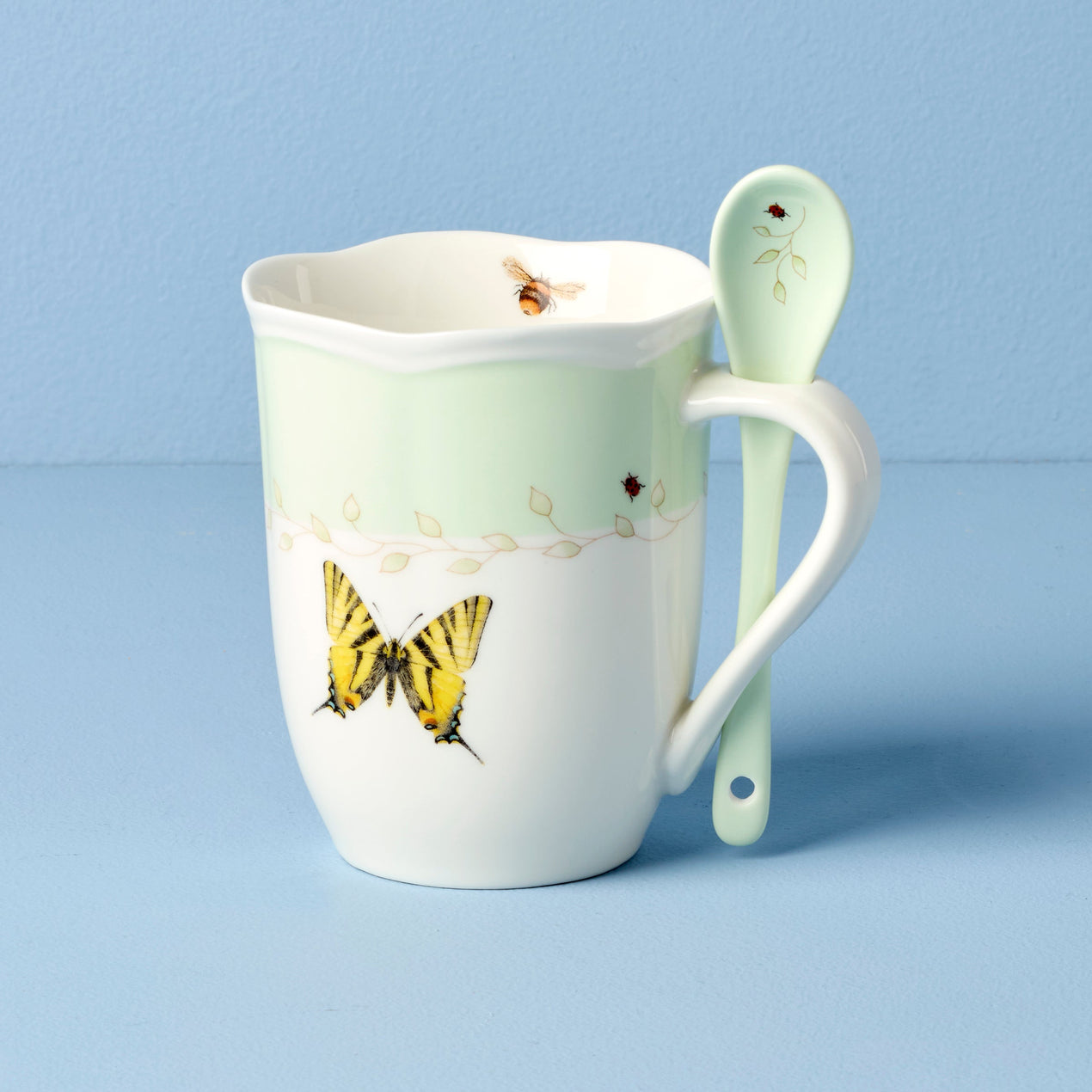 Butterfly Meadow Color Mugs with Spoons, Set of 2, Green
